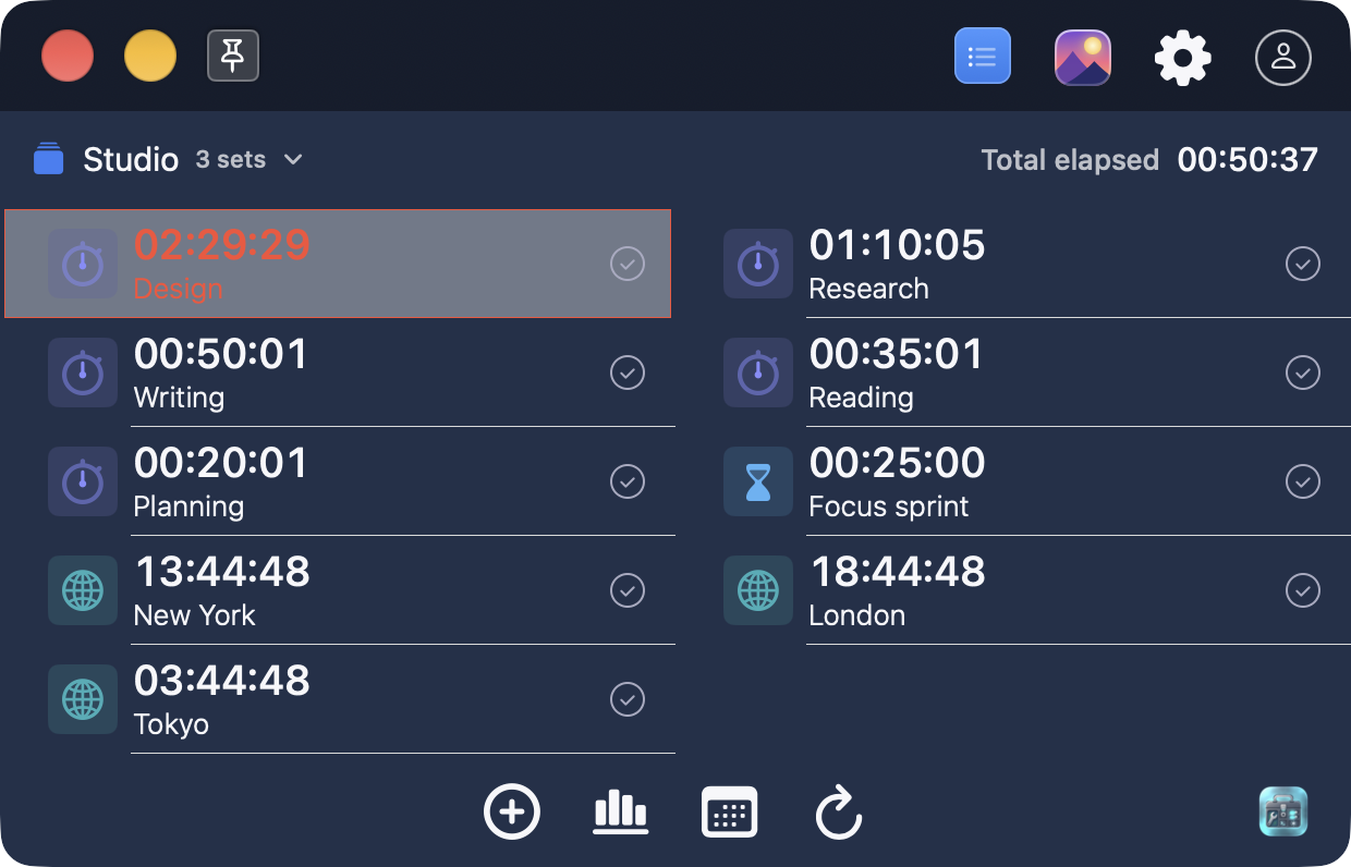 Mac 3.5.0: a dark XTimers workspace with named timers, a countdown and world clocks.