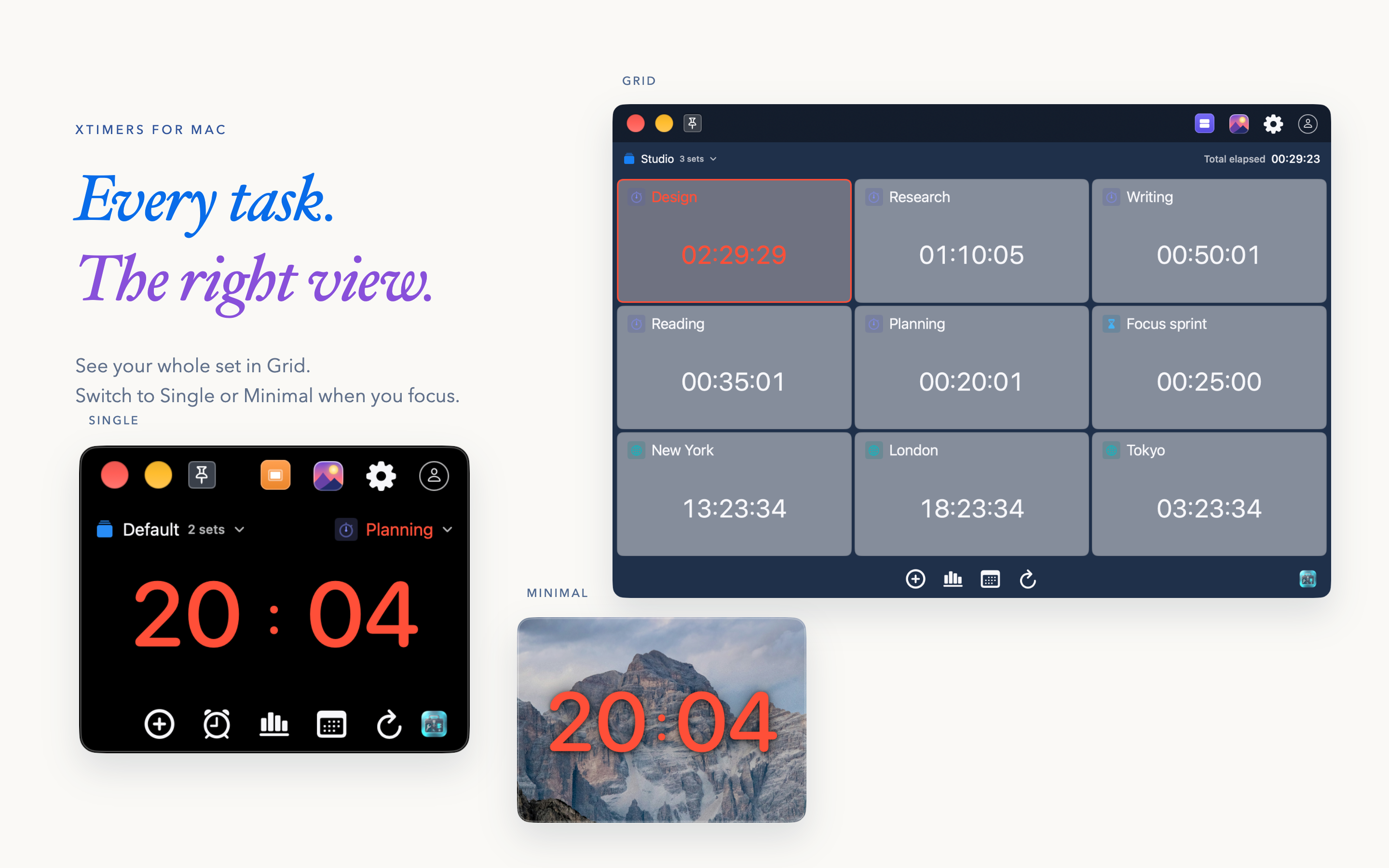 XTimers 3.5.0 for Mac: timer views. Sample local data.
