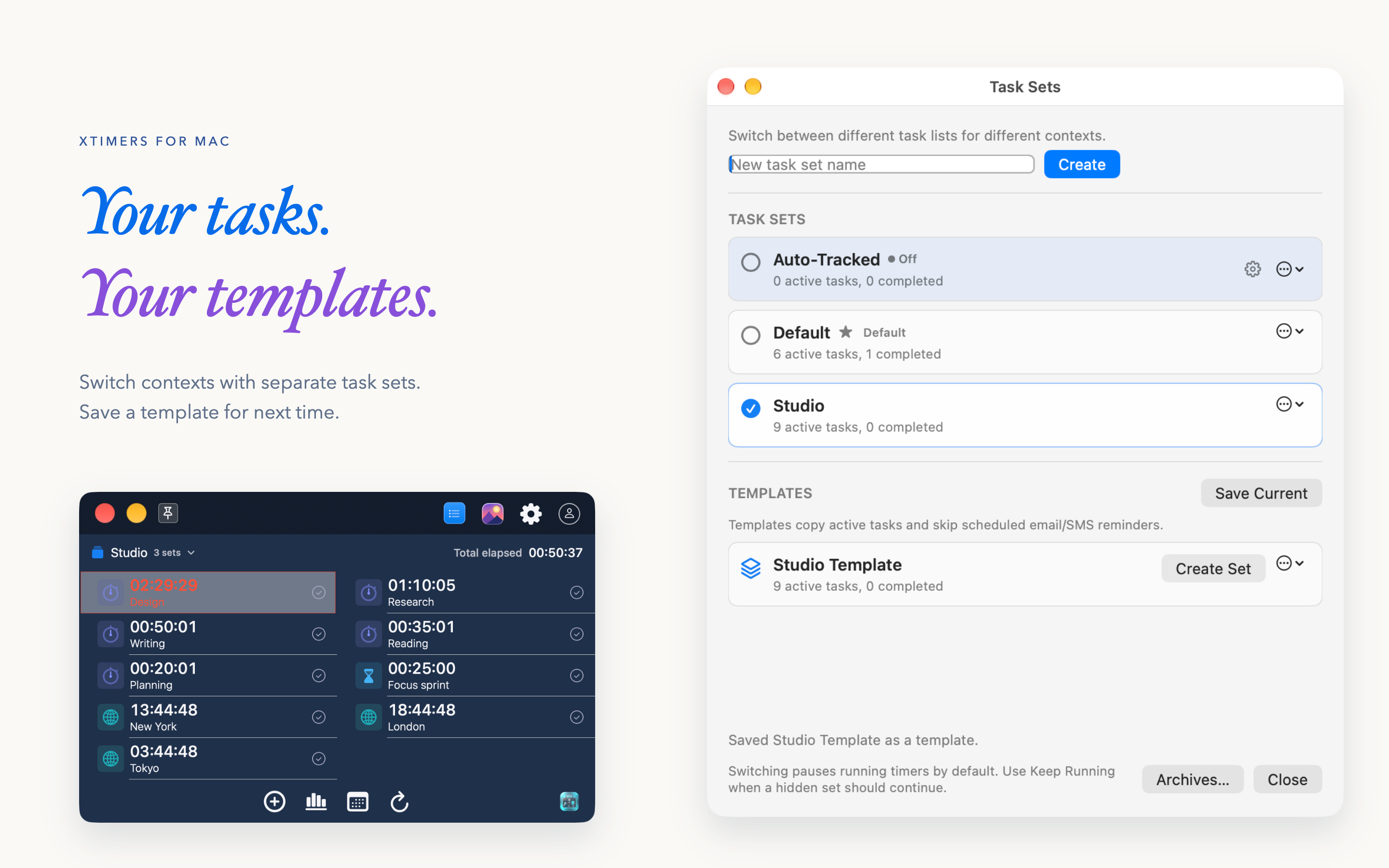 XTimers 3.5.0 for Mac: task sets. Sample local data.
