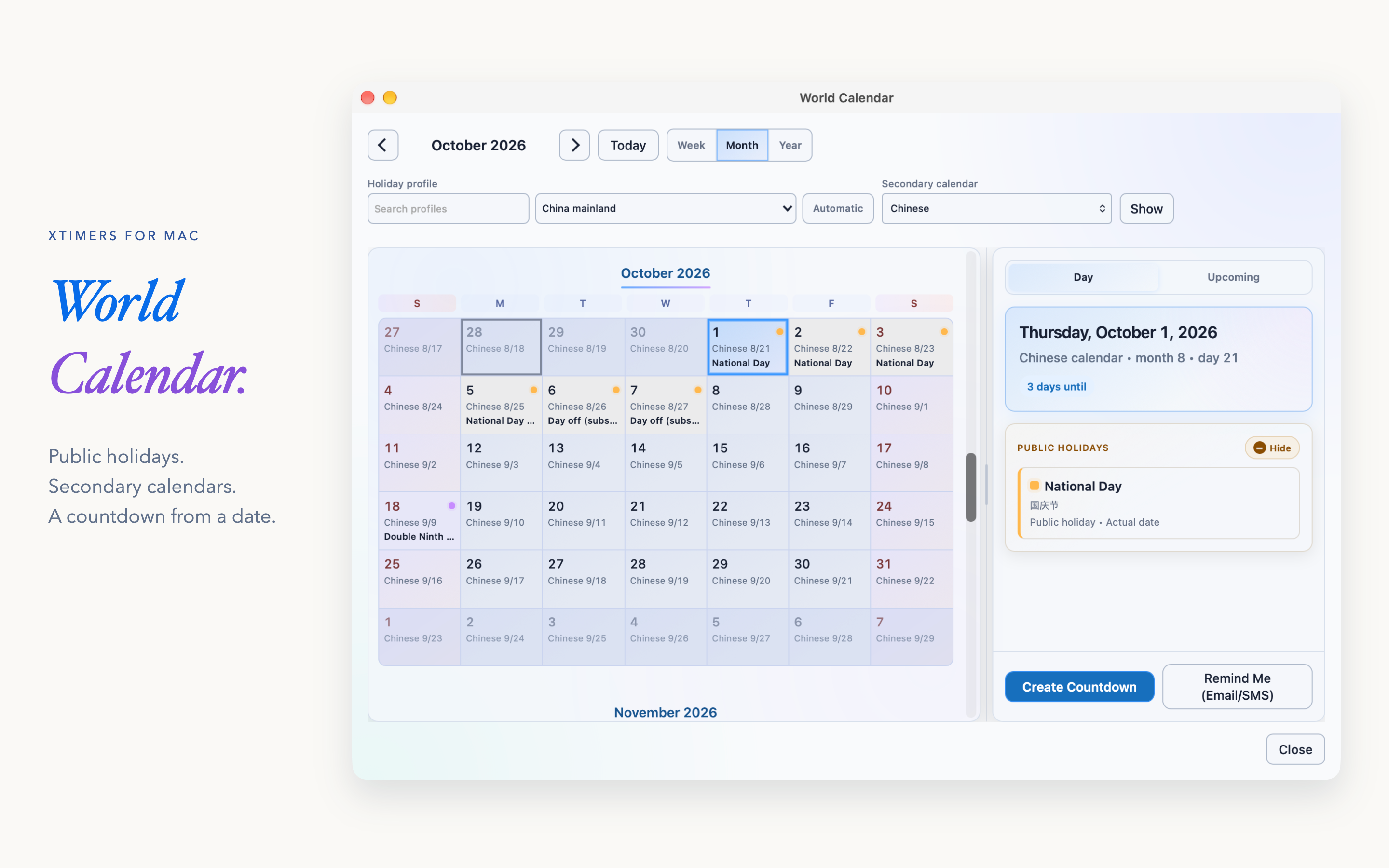 XTimers 3.5.0 for Mac: World Calendar. Sample local data.
