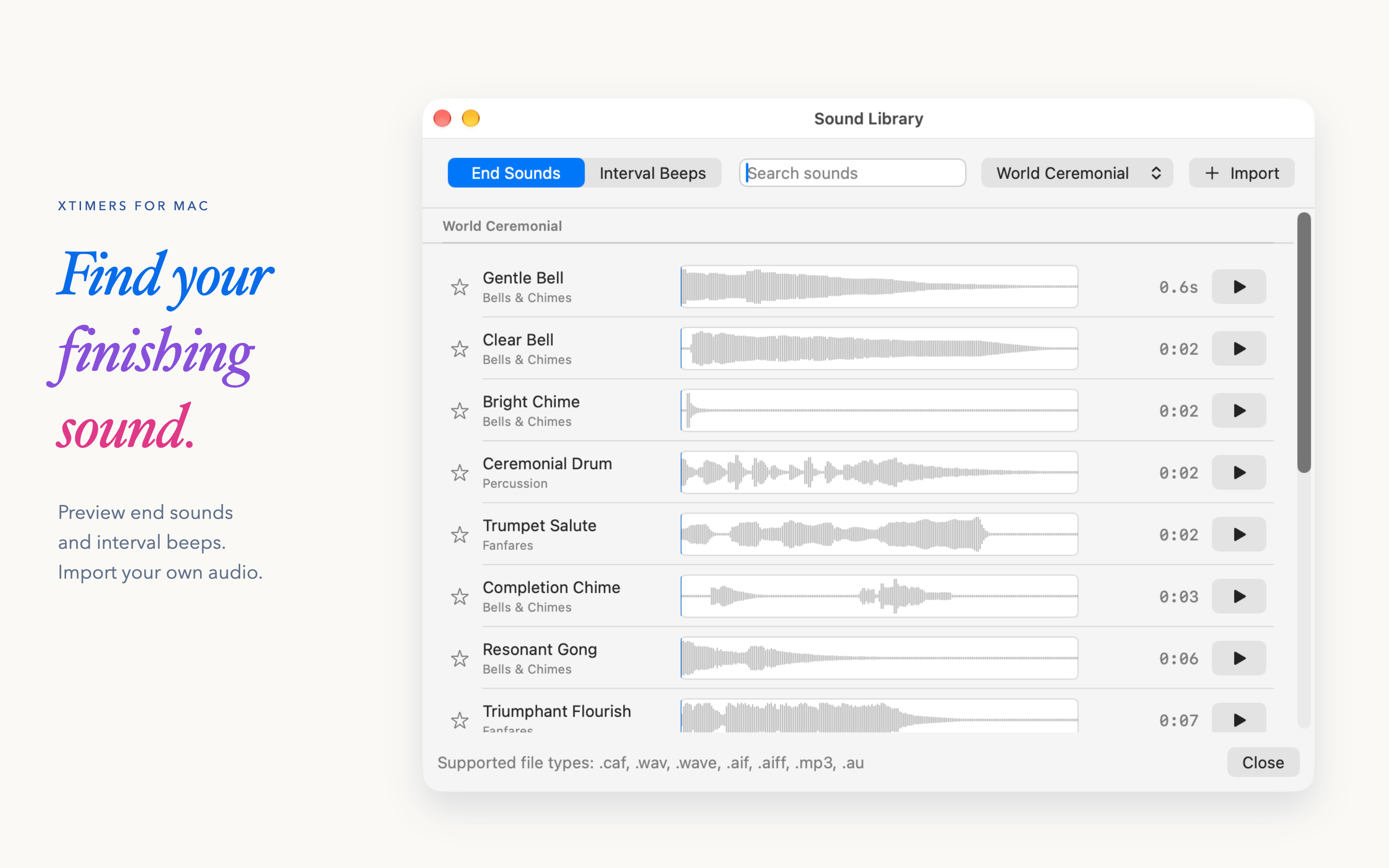 XTimers 3.5.0 for Mac: sound library. Sample local data.