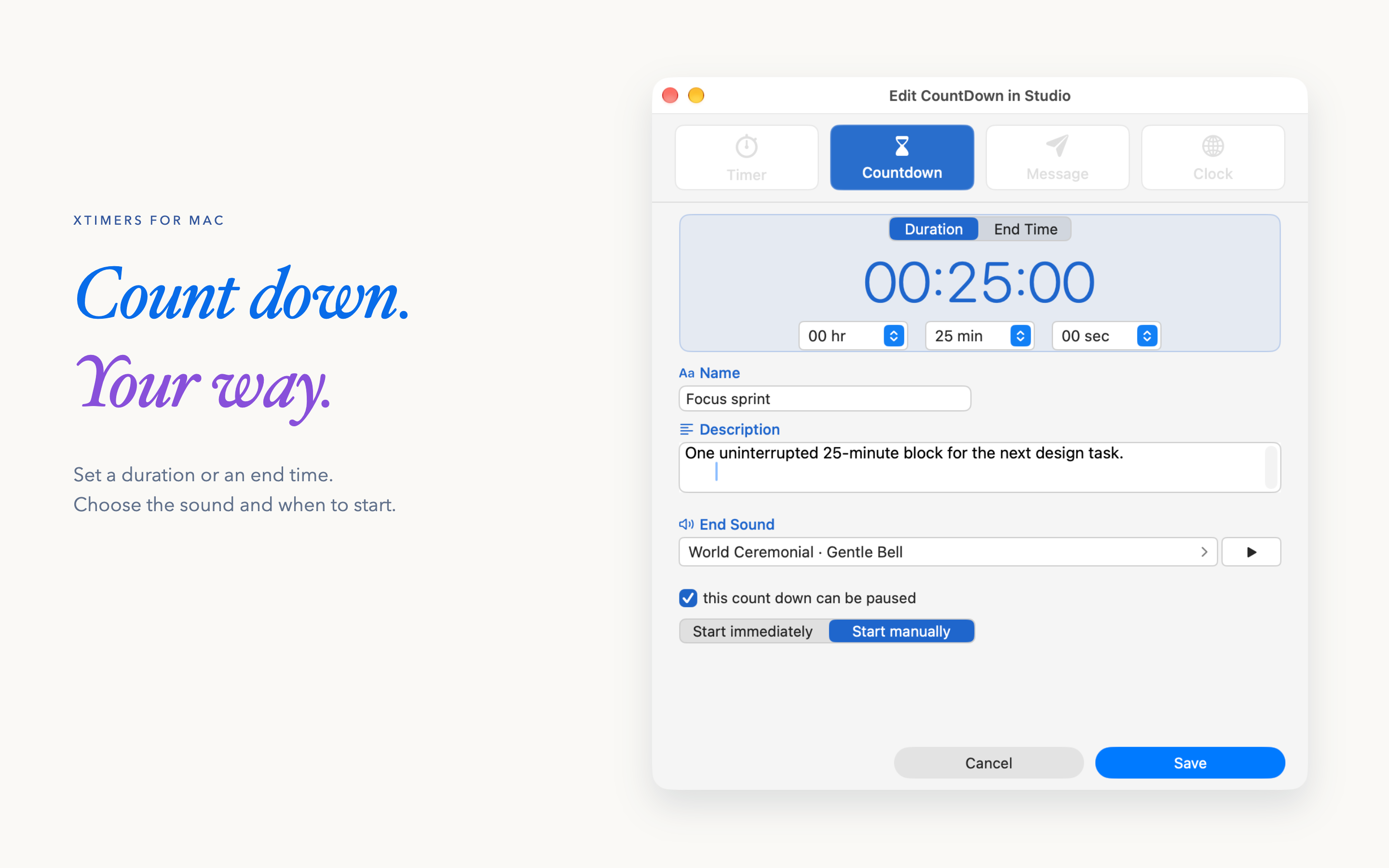 XTimers 3.5.0 for Mac: countdown controls. Sample local data.