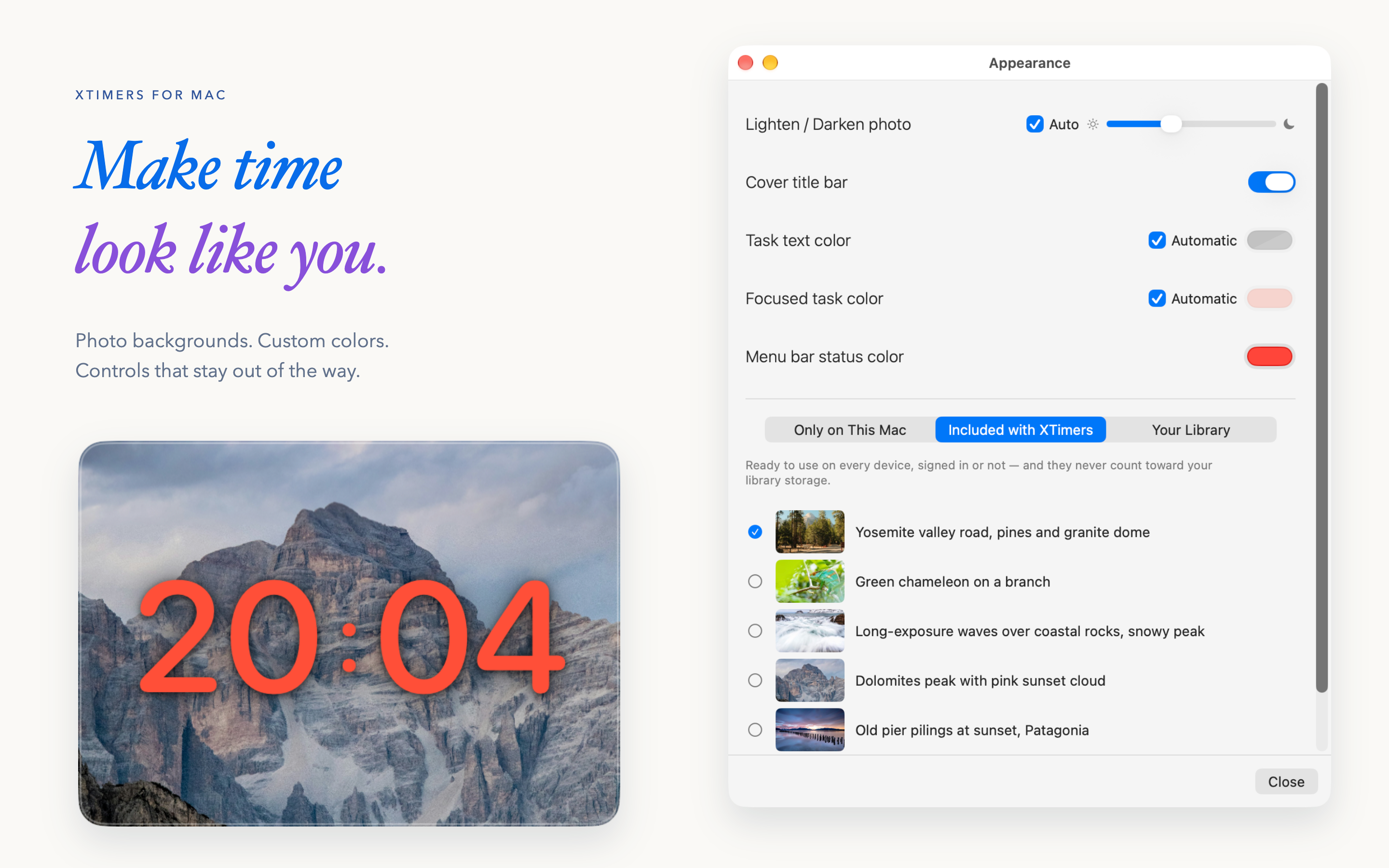 XTimers 3.5.0 for Mac: appearance. Sample local data.