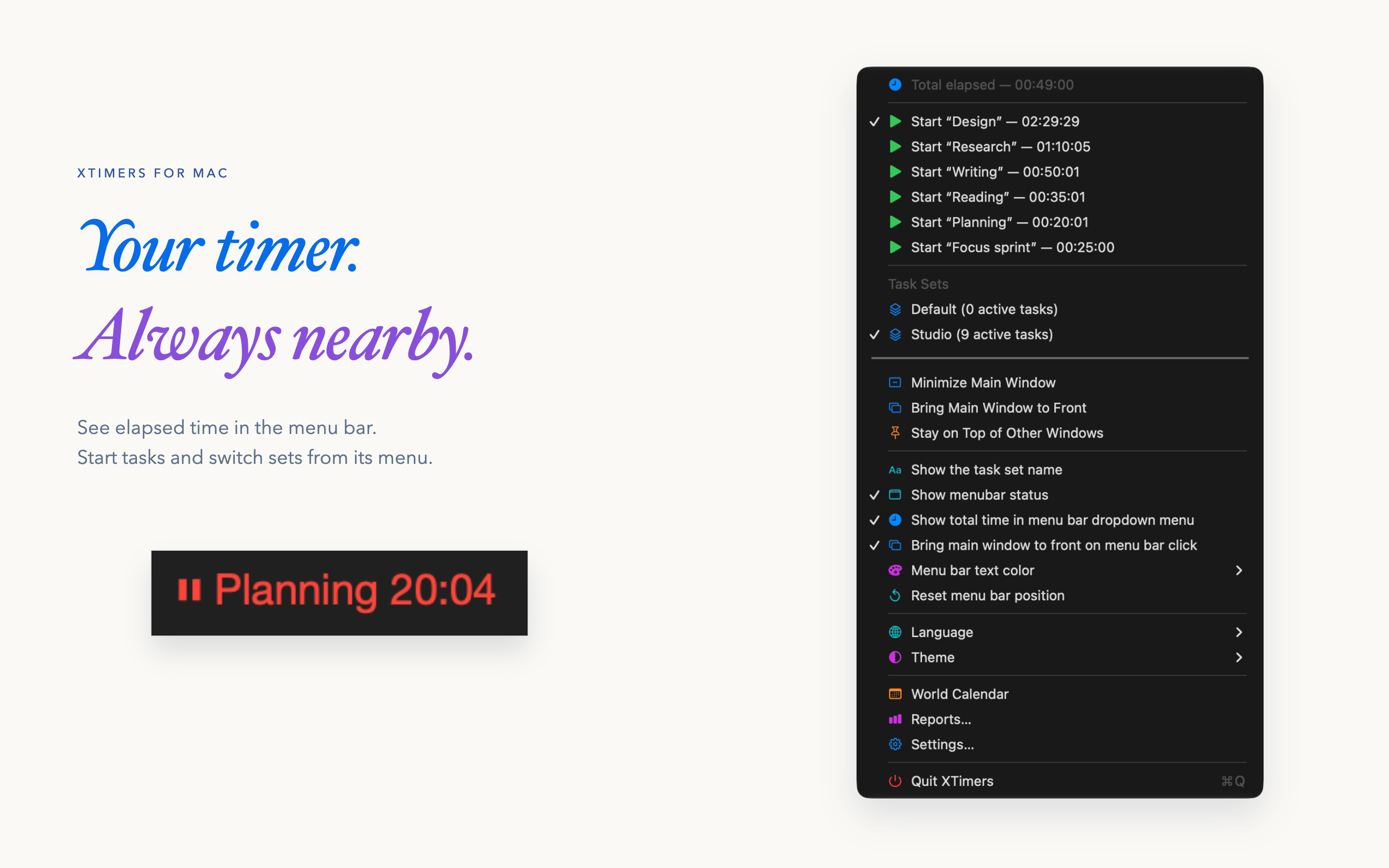 XTimers 3.5.0 for Mac: menu bar. Sample local data.