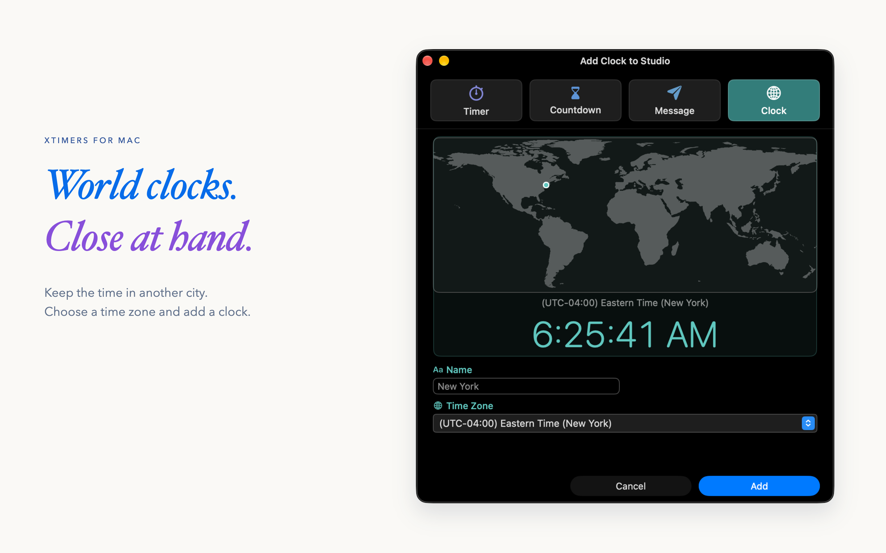 XTimers 3.5.0 for Mac: world clocks. Sample local data.