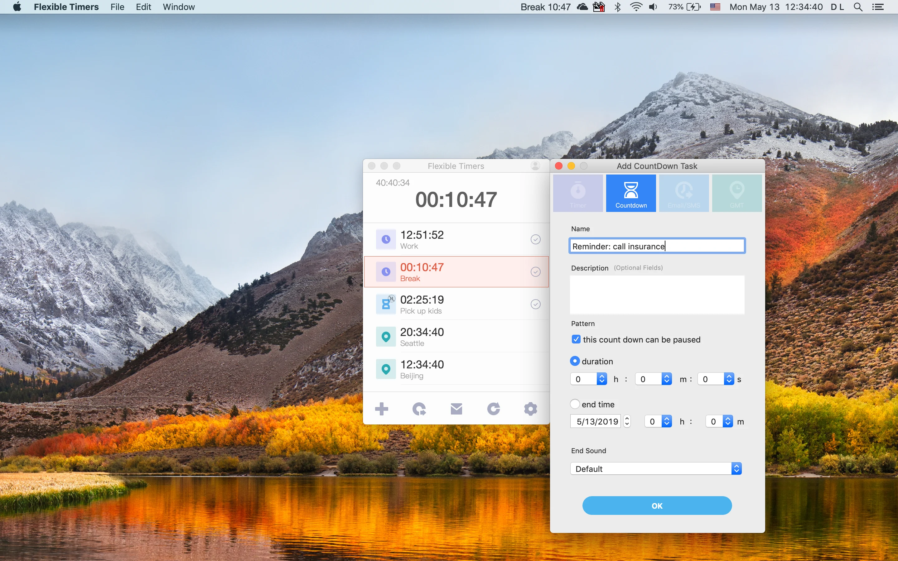 Flexible Timers add countdown task dialog