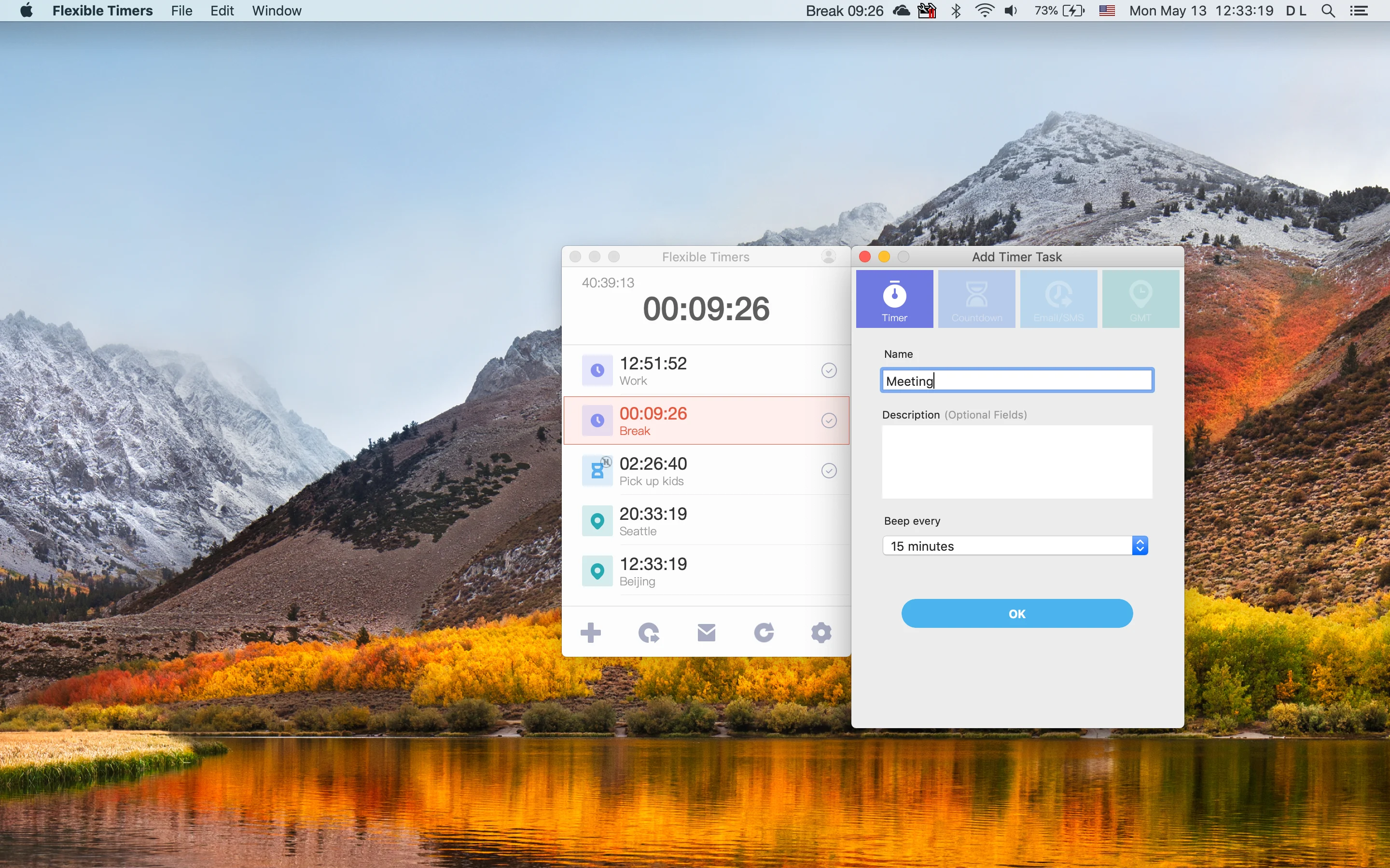 Flexible Timers add timer task dialog